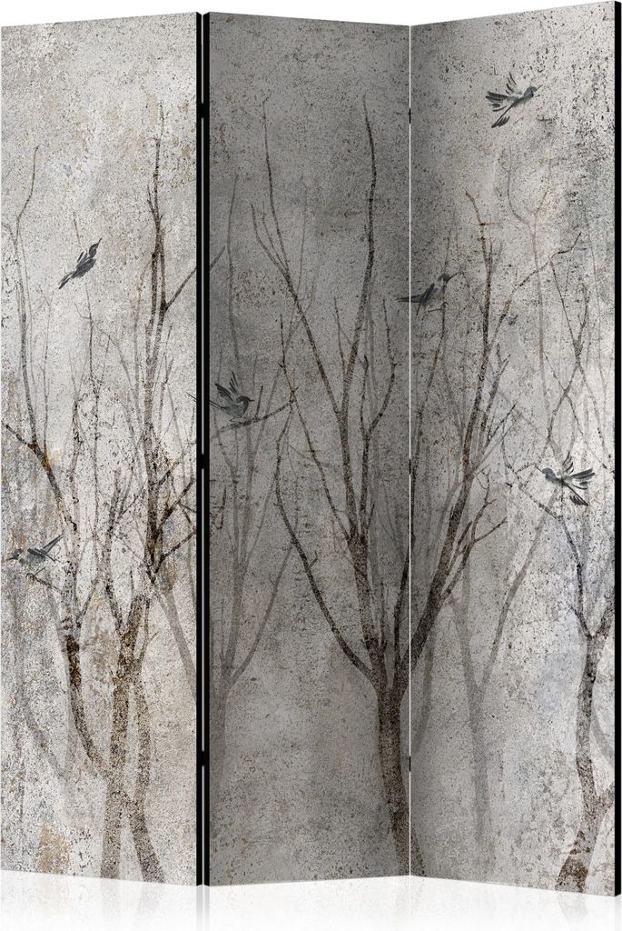 Neuheit! Dekorativer Paravent Raumteiler Trennwand Foto-Paravent Spanische Wand XXL BÄUME VOGEL BETON OPTIK 135x172 cm c-C-0490-z-b