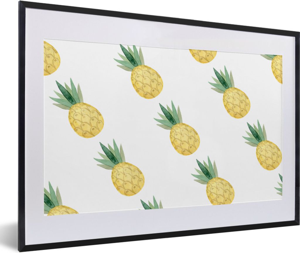 MuchoWow Gerahmtes Poster Ananas - Obst - Muster 60x40 cm - Poster mit Schwarzem Bilderrahmen Wandposter Rahmen Foto Bilder - Schlafzimmer - Plak...