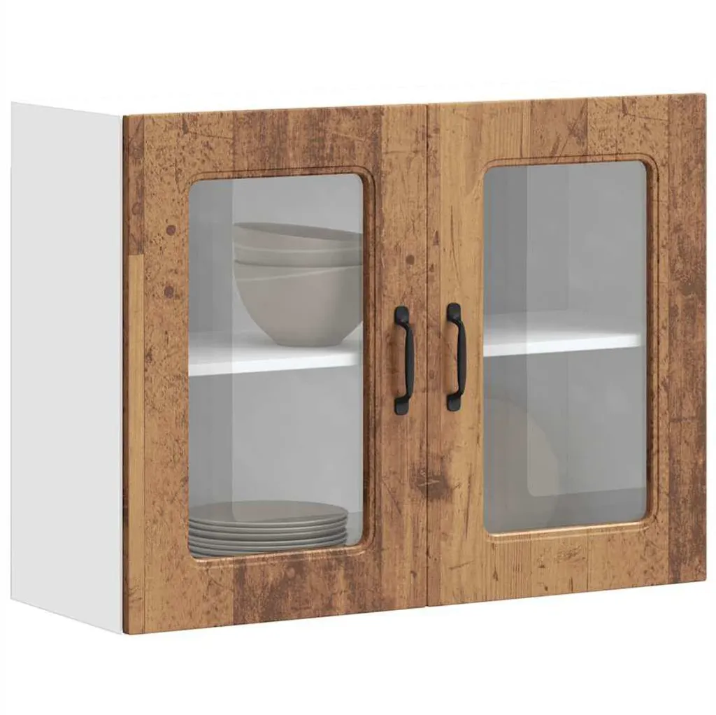 Armoire suspendue cuisine pour ranger vaisselle - Look vieux bois et verre