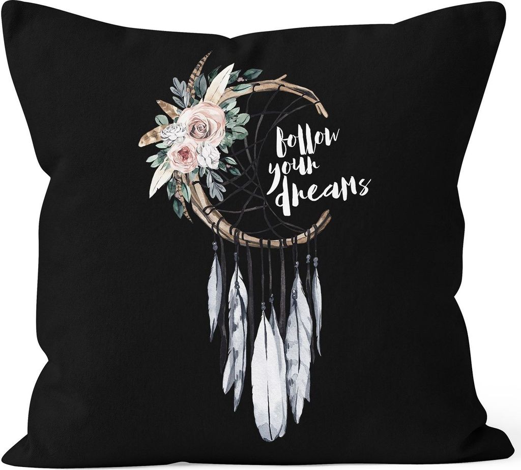 Kissenbezug Traumfänger Dreamcatcher Follow your Dreams Spruch Blumen Federn Spruch Boho Kissen-Hülle Deko-Kissen Autiga schwarz unisize