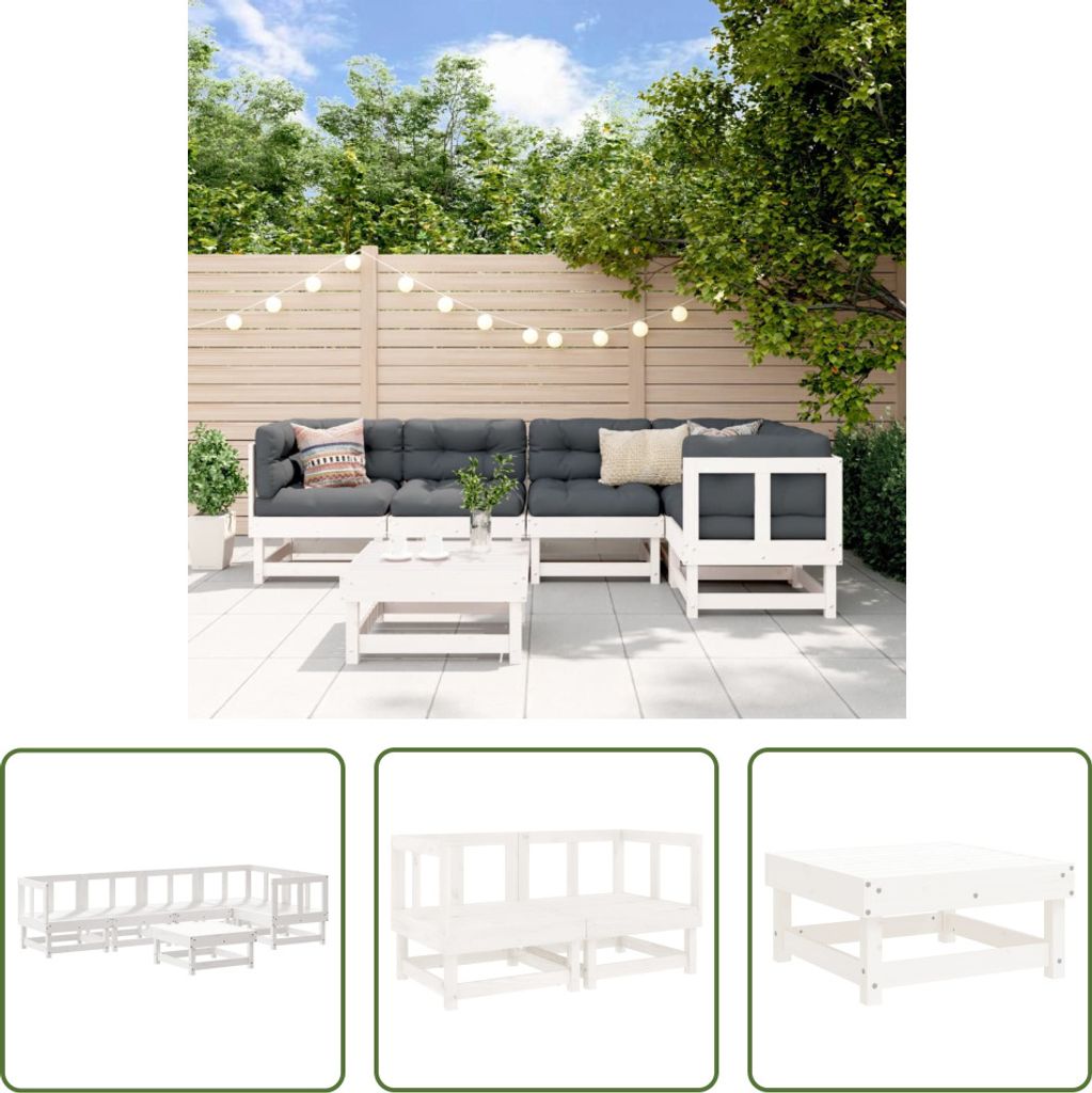 The Living Store 6-tlg. Garten-Lounge-Set Weiß Massivholz Kiefer
