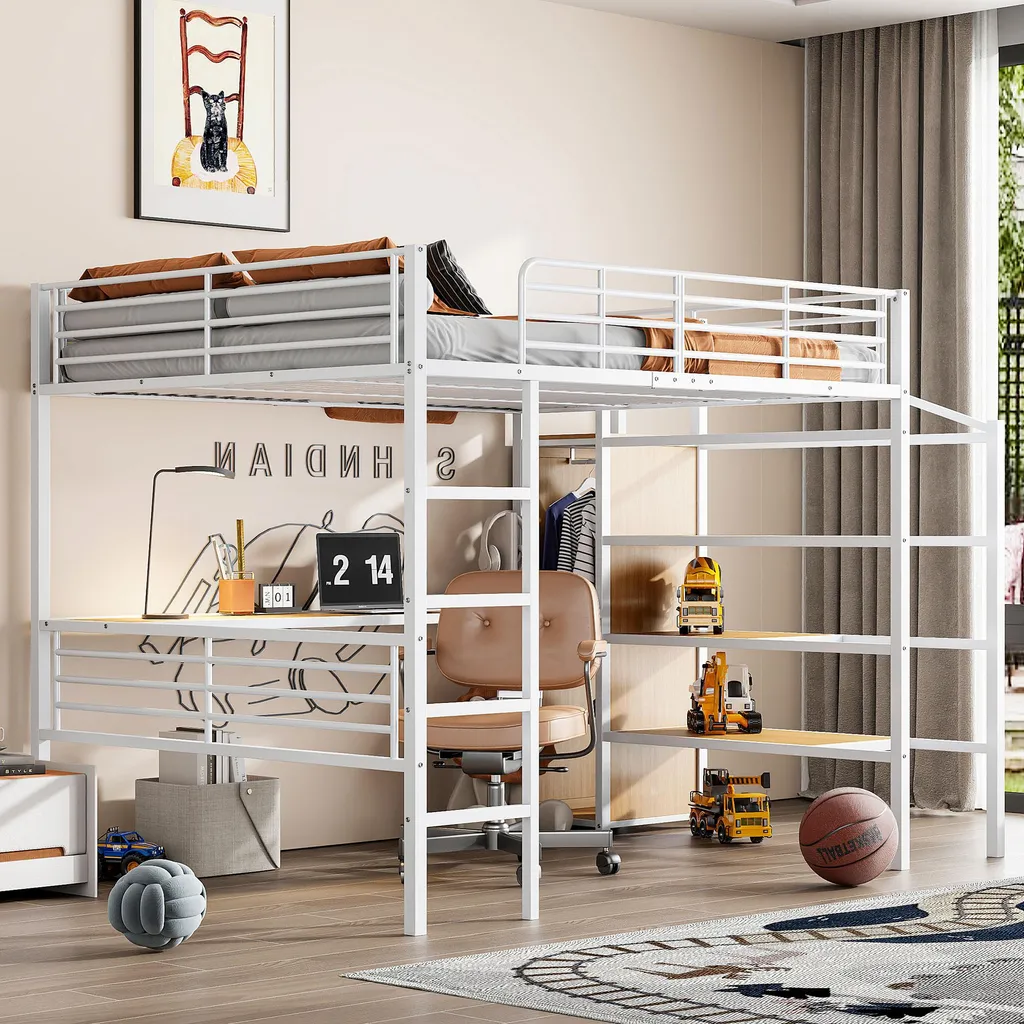 Lit Mezzanine Métal Blanc 140x200 cm avec Large Bureau Compact