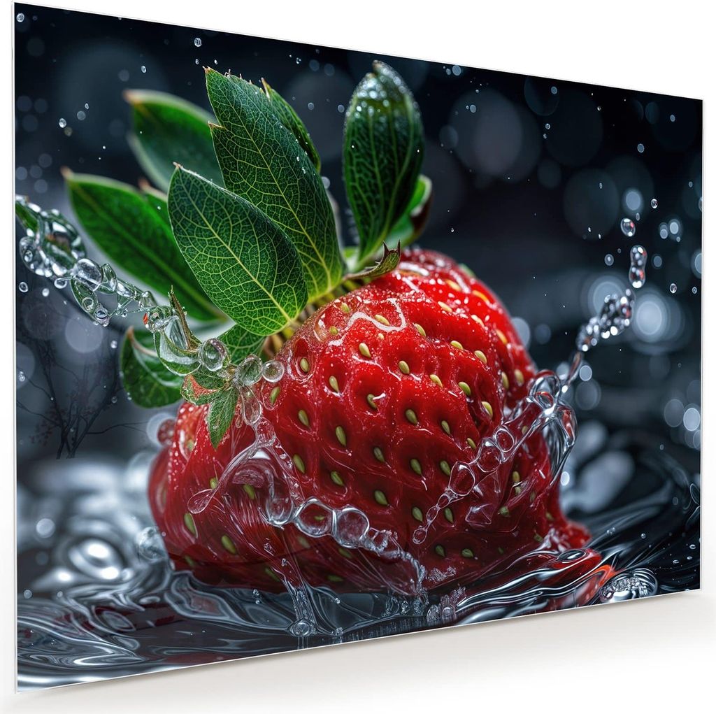 Glasbild 120x90cm in XXL für Wohnzimmer, Schlafzimmer Motiv Erdbeere im Wasser