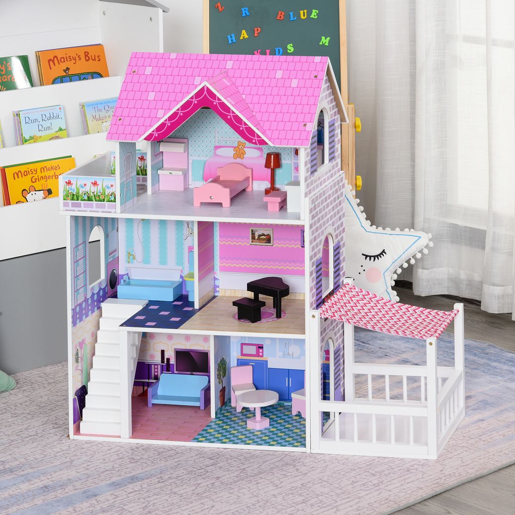 Puppenhaus Puppenstube Puppenvilla Barbiehaus Spielzeughaus Holz mit Möbeln 