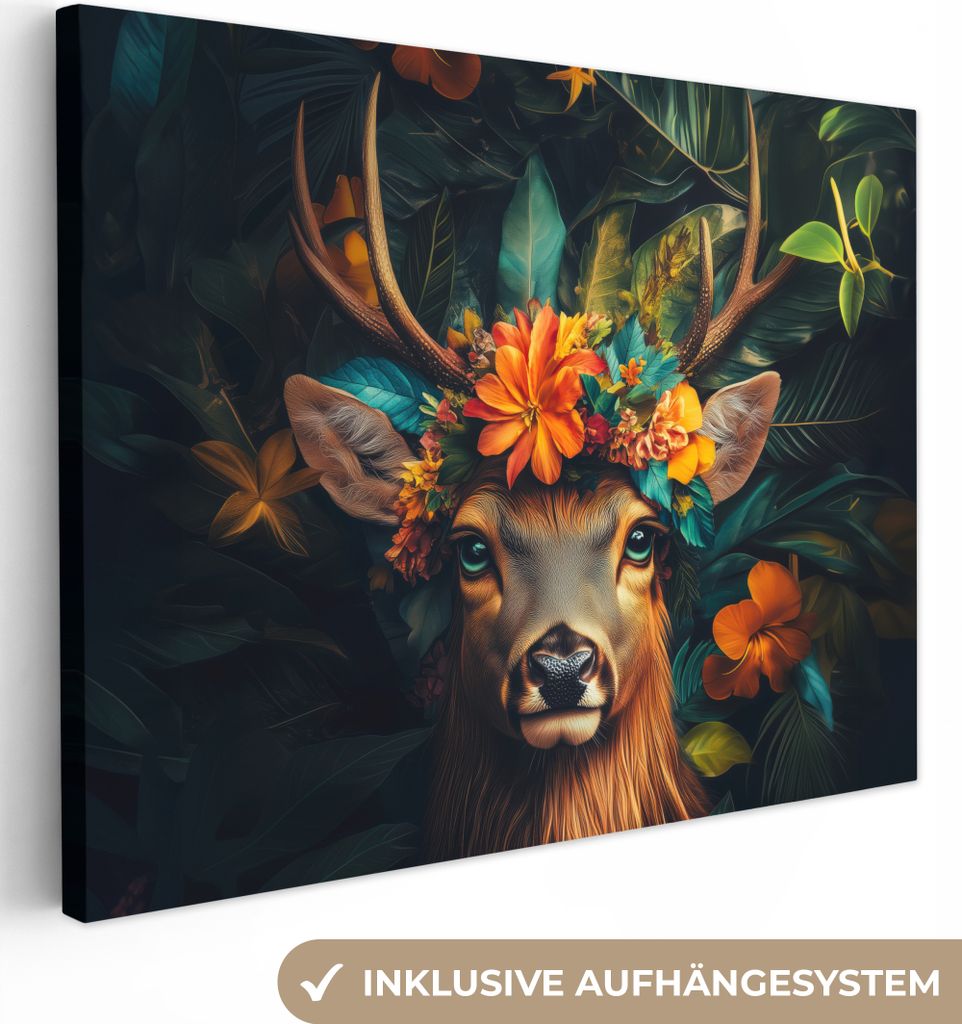 Leinwandbilder 80x60 cm - Tiere, Blumen - Hirsche, Bilder Wohnzimmer Modern, Wanddeko