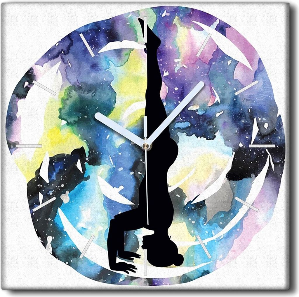 Coloray Uhr auf Leinwand 30x30 cm Wand Uhr Dekoration Wohnzimmer Segeltuch weiße Zeiger -Frau Yoga Cosmos.