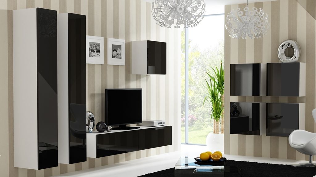 Wohnwand Medienwand Anbauwand VIGO 24B weiß / schwarz Hochglanz Breite 260cm Hängeschränke TV Lowboard
