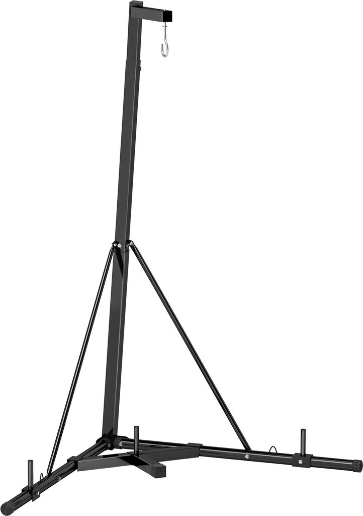A black metal punching bag stand with a hook for hanging a punching bag.
