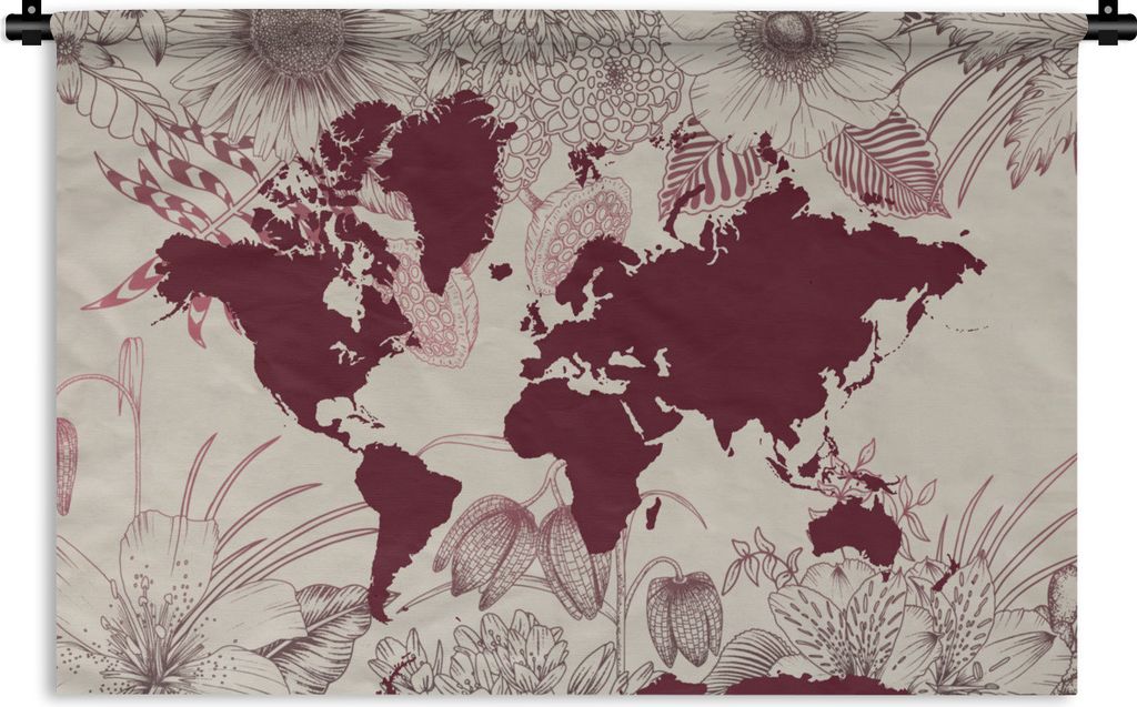 MuchoWow Wandteppich Wandbehang Weltkarte - Rot - Blumen 120x80 cm Tapisserie Dekoration Wandtuch - Wanddekorationen - Wandtücher