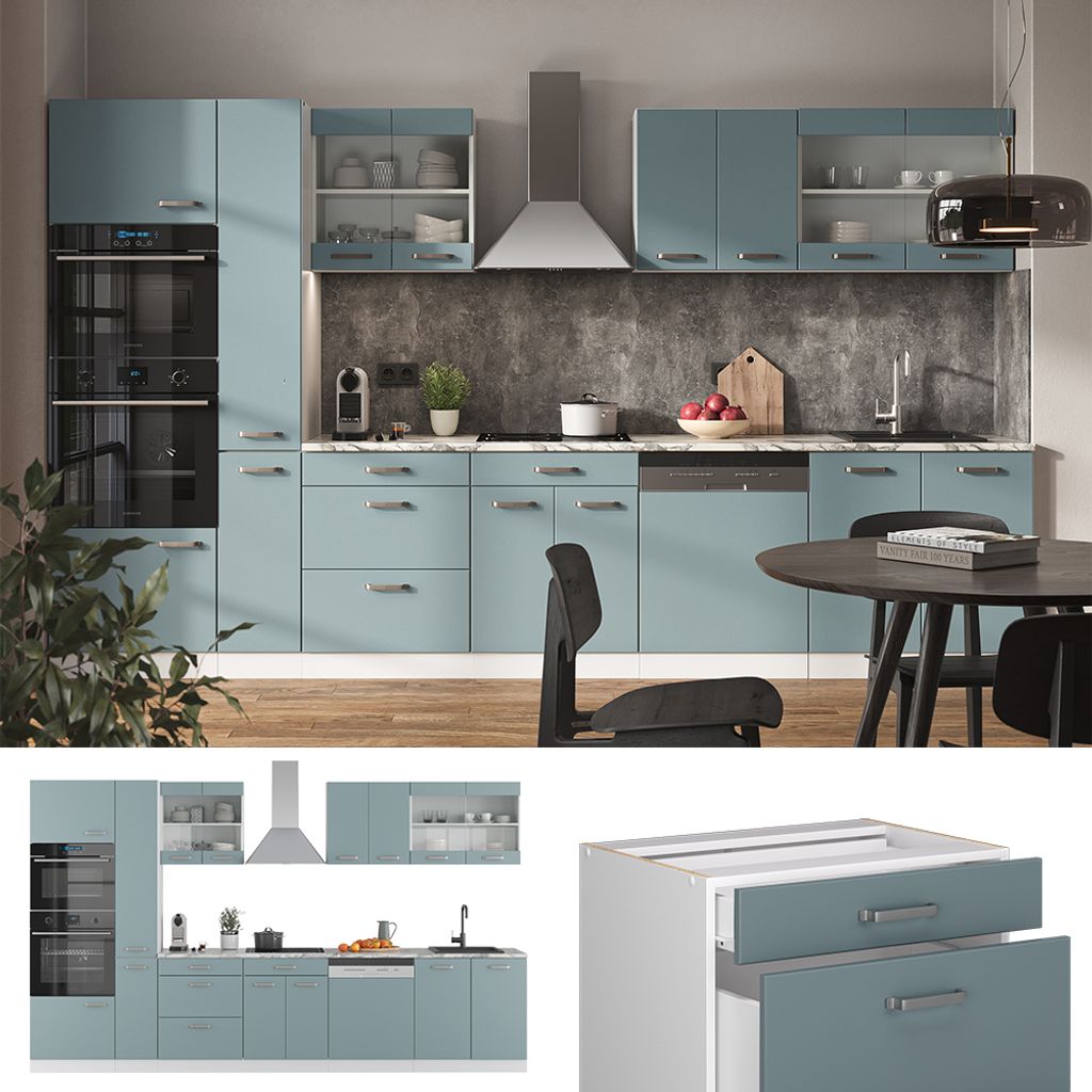 Vicco - Cuisine R‑line 300 Cm - Béton/anthracite - Plan De Travail Marbre Blanc