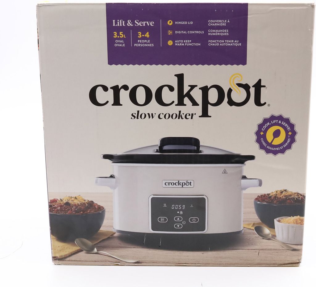The image shows the packaging of a Crockpot slow cooker. The packaging features a picture of the slow cooker itself, along with some food items.
