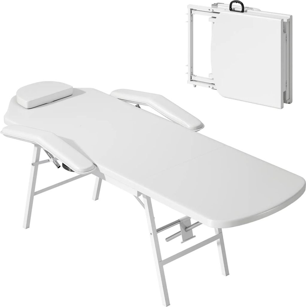 Tragbarer Massagetisch, Klappbare Massageliege mit Kunstleder-Bezug, Schaumstoff-Polsterung, Stahlrahmen, Weiß