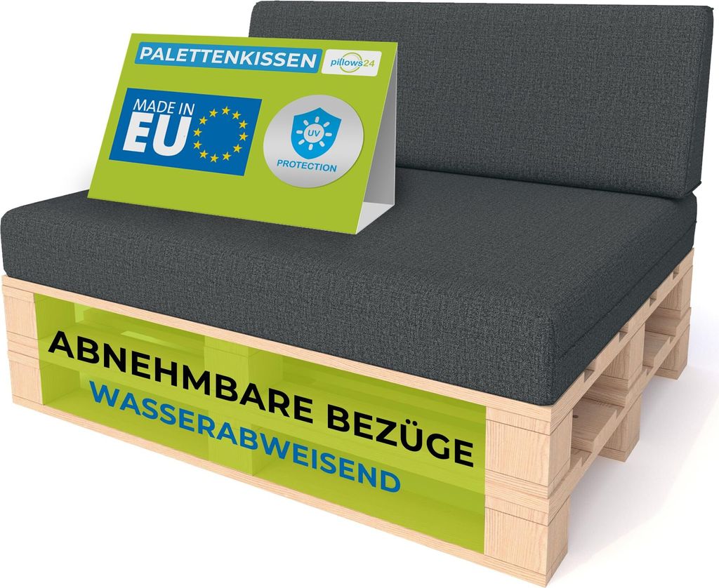 Pillows24 - Palettenkissen mit abnehmbarem Bezug - 2ER SET | Polster für Europaletten 120x80 Sofa - Wasserfest - Outdoor/Indoor | Graphit