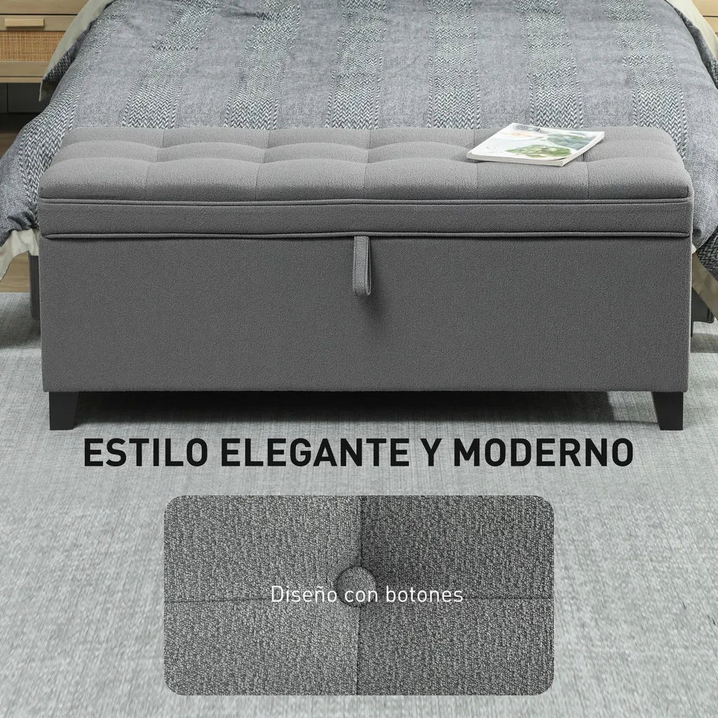Banc coffre de rangement en lin gris et pouf rembourré pour salon