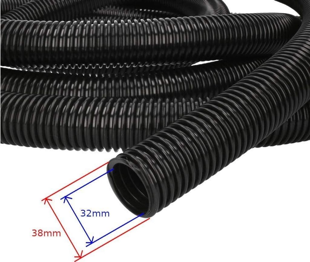 A close-up view of a black corrugated flexible hose, with measurement indicators.