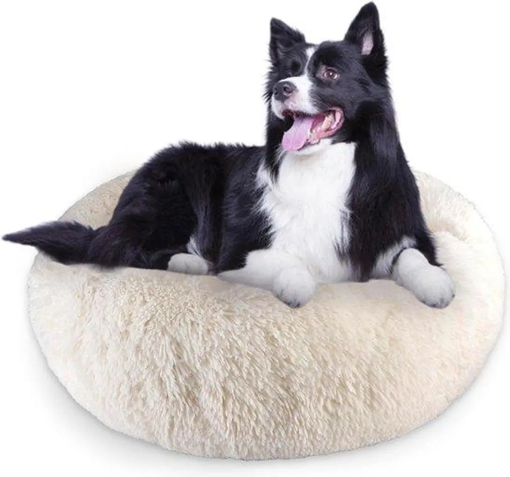 Panier pour chien format XL en peluche douce beige avec rebord de confort