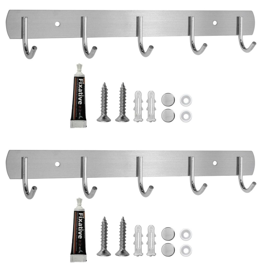 2-teilige selbstklebende Hakenleiste, robust, aus verdicktem Edelstahl, Küchenhakenleiste, Wandkleiderhaken mit 5 Haken, Kleiderstange für Flur, ...