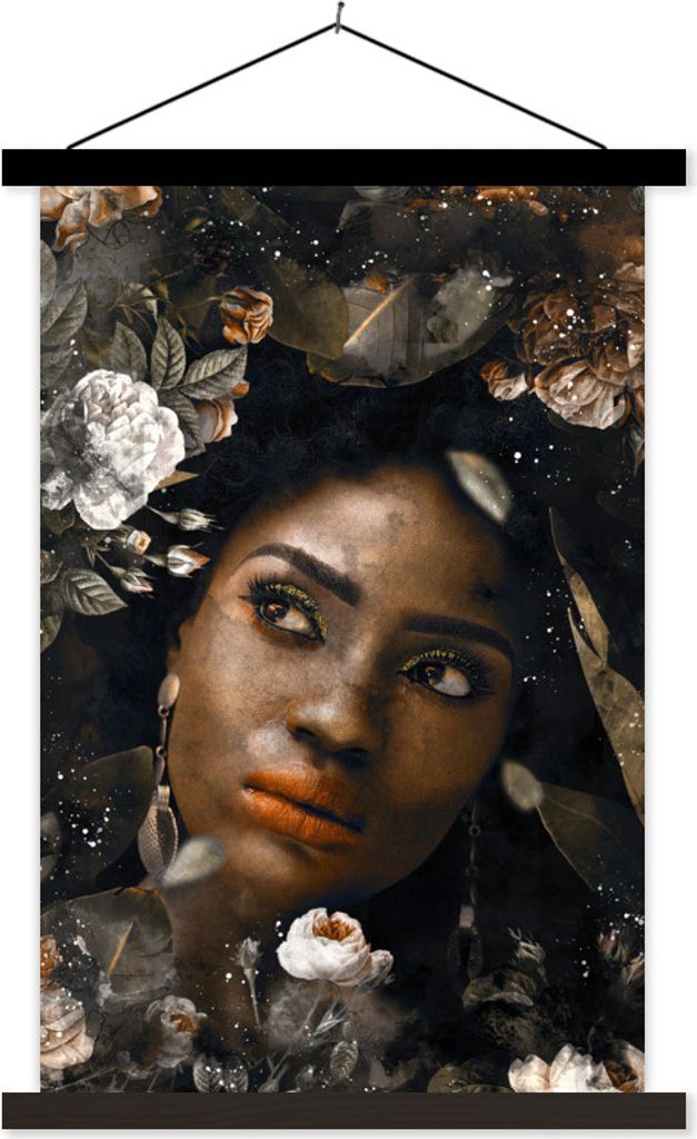 MuchoWow Textilposter Frau - Blumen - Farbe 40x60 cm mit schwarzem Rahmen - Wanddekorationen