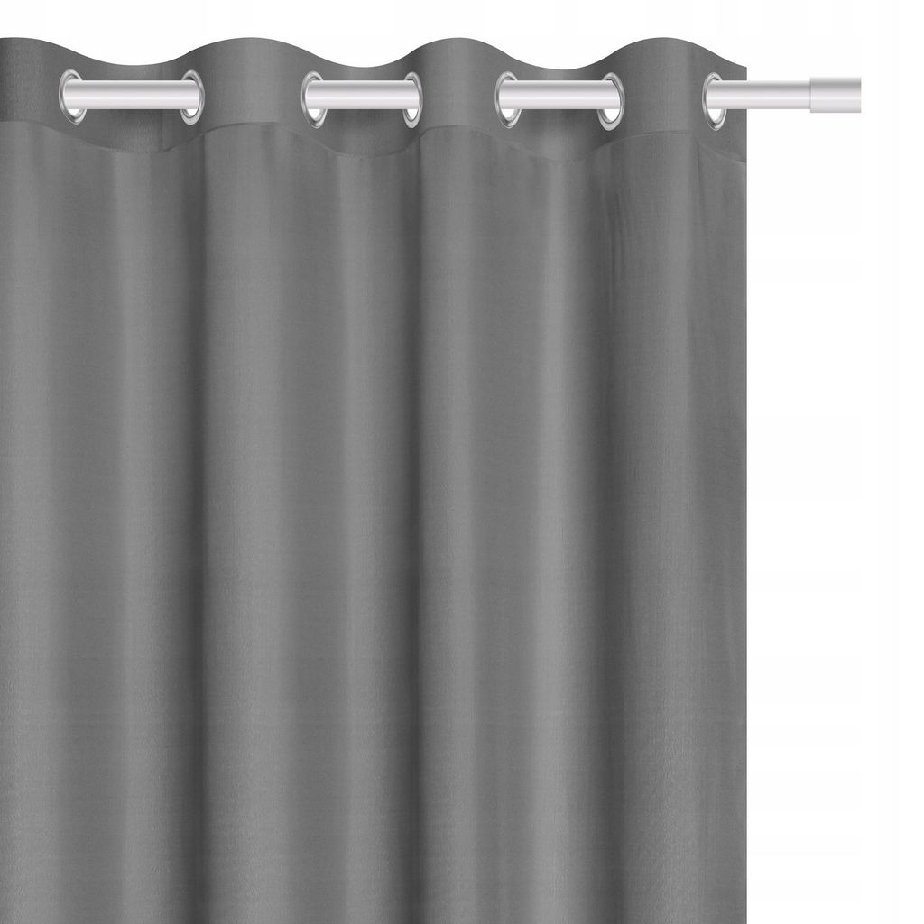 A close-up view of a gray curtain hanging from a curtain rod.