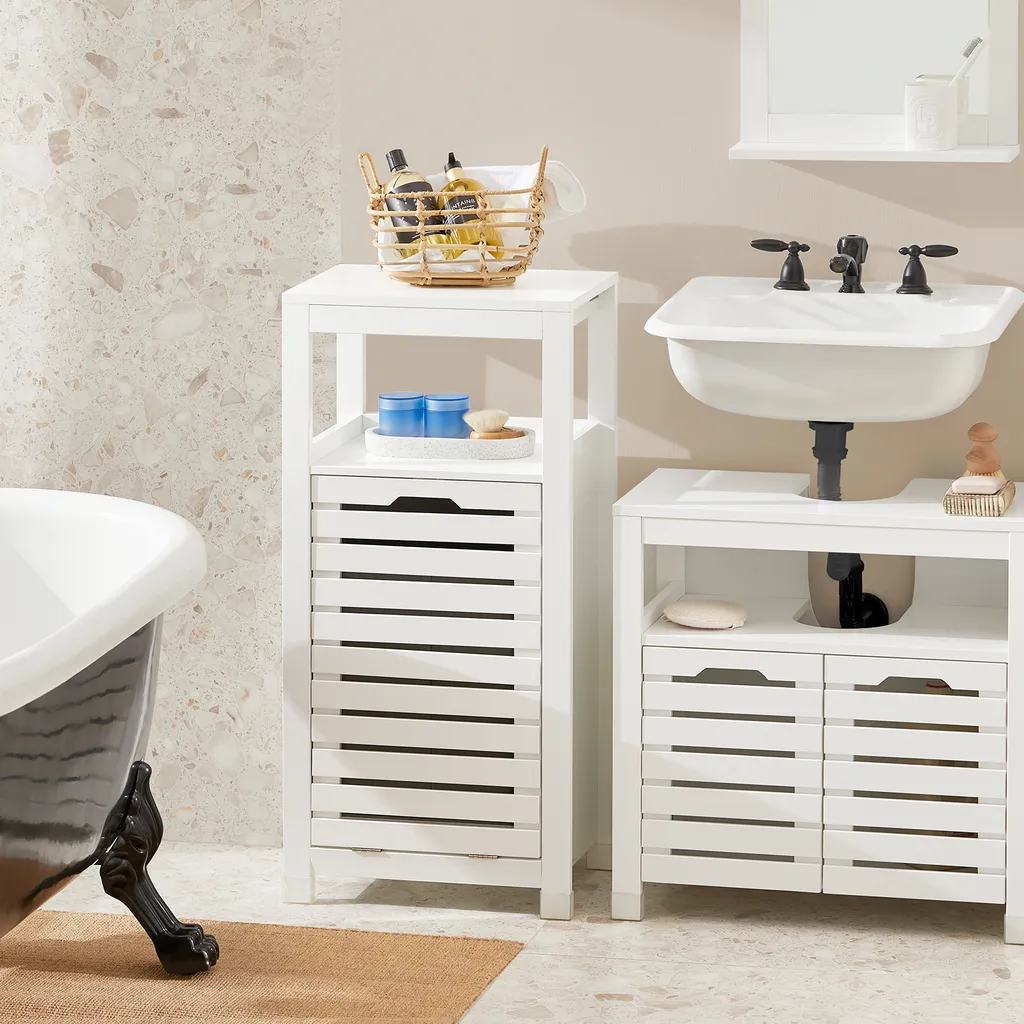 Armoire salle de bain anti-encombrement avec sac à linge discret blanc