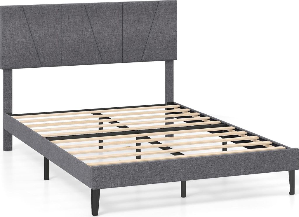 COSTWAY Polsterbett mit Lattenrost & höhenverstellbarem Kopfteil in Leinenstoff, Bettrahmen Bettgestell Holz ohne Matratze Grau 140x200cm