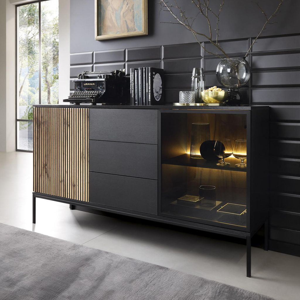 Moderne Geriffelte Kommode LAGOS K2D3SZ Schwarz Eiche Wotan Produktbild 