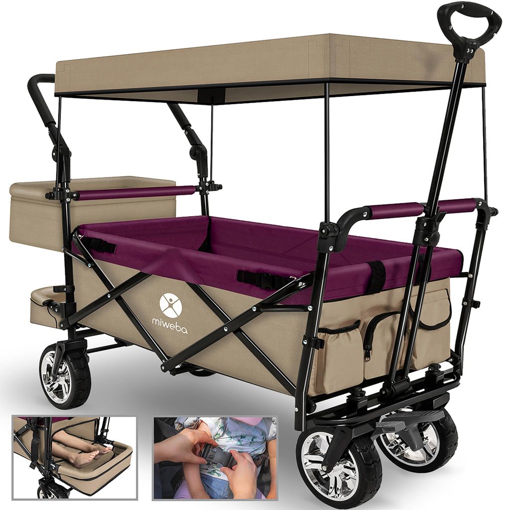 Miweba Bollerwagen MB-20 faltbar | Transportwagen mit Dach - Handwagen - Transportkarre - Hartgummireifen - mit Anschnall-Gurt -bis 100 kg (Beige/Rot)