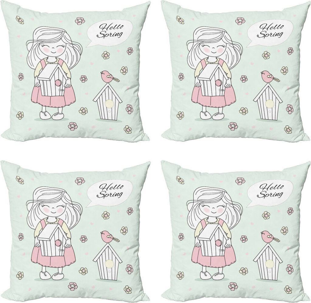 ABAKUHAUS birdshouse Kissenbezug Set (4 Stück), Frühling Begrüßung, Moderner Doppelseitiger Digitaldruck, 45 cm x 45 cm, Pale Mint Green Rose