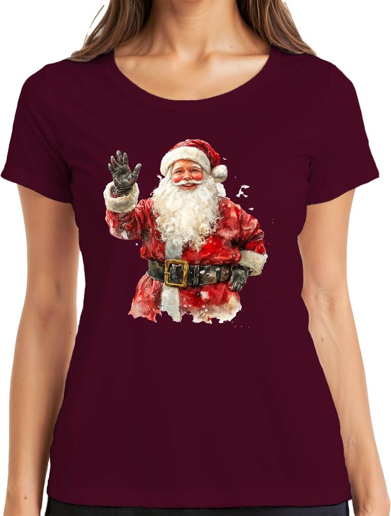 Weihnachtsmann Aquarell Vintage Weihnachten Geschenk rot Bart Damen T-Shirt, Burgundy, 3XL