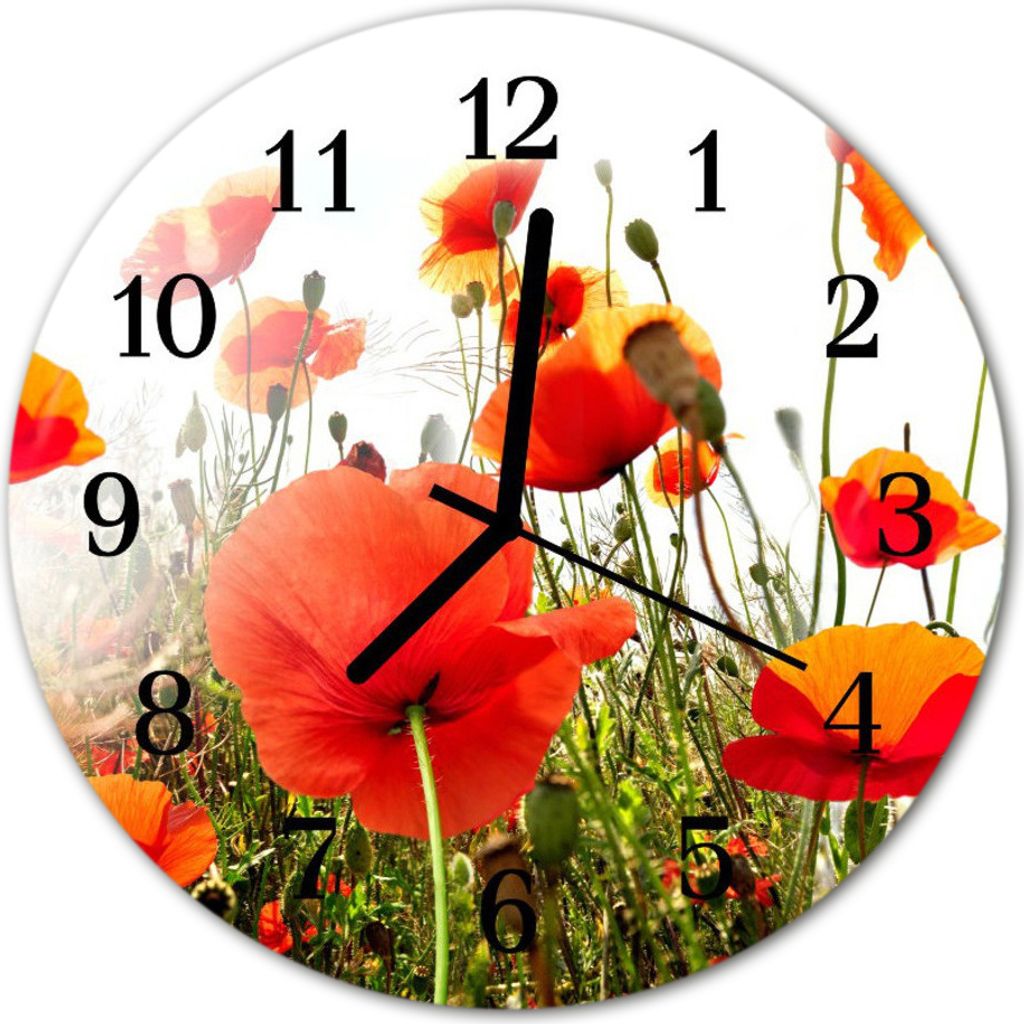 Glasuhr Wanduhr Küchenuhr Echt-Glas 30fi cm Mohnblumen rot Produktbild 