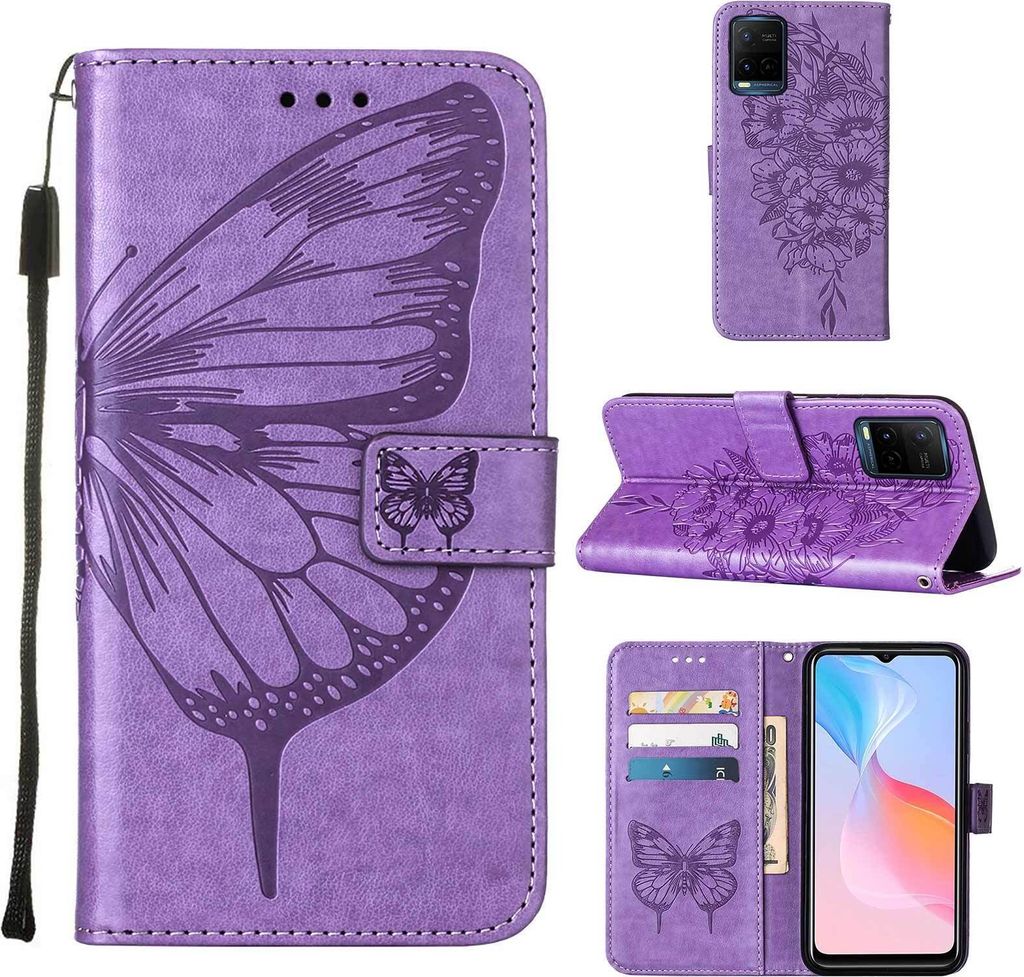 VIVO Y21 2021 Hülle, Schmetterling Prägung Flip Leder Kartenfächer Schutzhülle Ledertasche mit Ständer für VIVO Y21 2021 / Y33S Y21S Violett