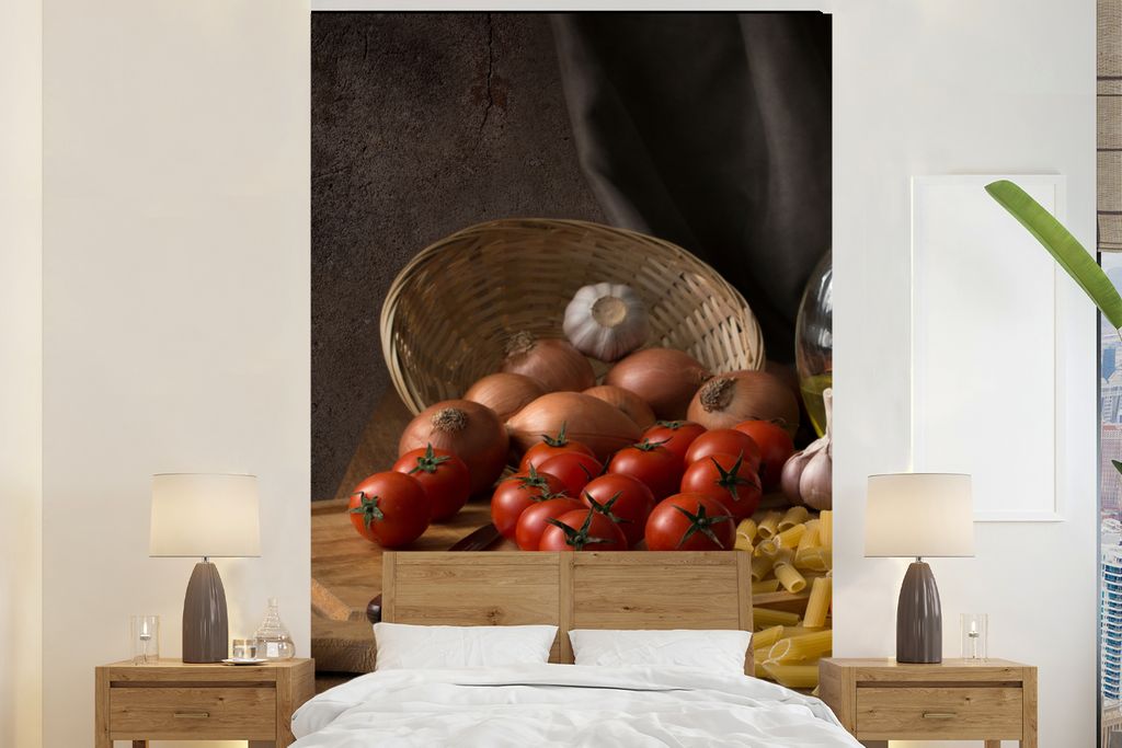MuchoWow Fototapete für Wohnzimmer oder Schlafzimmer Wandtapete Vinyl Motivtapete Schneidebrett - Gemüse - Stillleben - Pasta - Aus - Tomate - ...