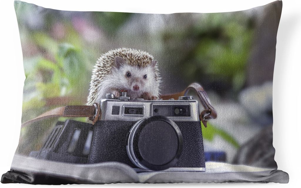 MuchoWow Outdoor Kissen - Igel auf einer Kamera - 50x30 cm - Wetterfest - Lounge Kissen - Sofa kissen - Wohnzimmer Dekoration