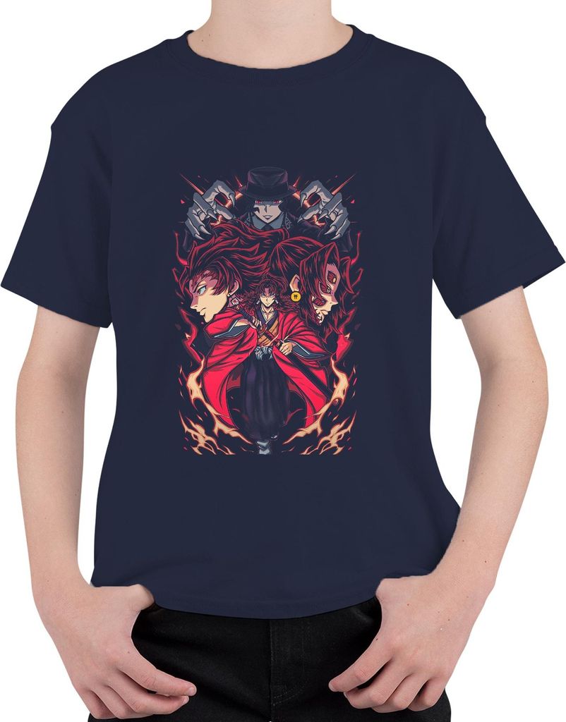 Samurai Katana Dämonenjäger Feuer Maske Anime Manga düster Uni Kinder T-Shirt, Navy, 116