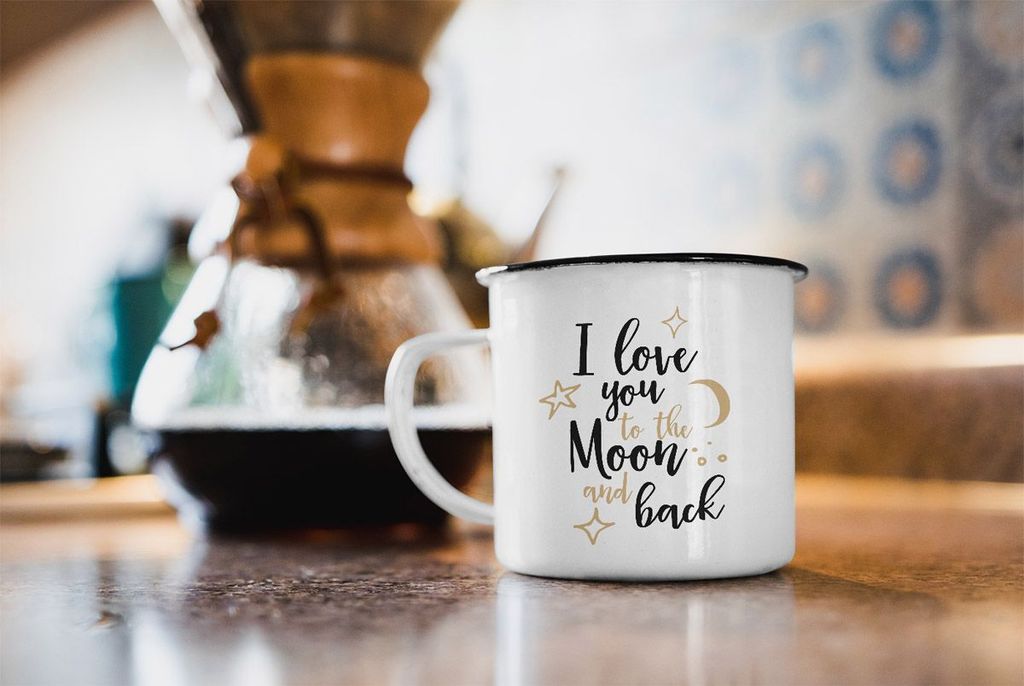 Emaille Tasse Becher I love you to the moon and back Geschenktasse Liebe Partnerschaft Kaffeetasse Moonworks weiß-schwarz unisize