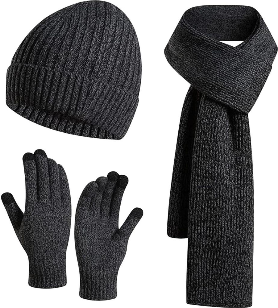 3-teiliges Set mit Wintermütze, Schal und Handschuhen für Damen und Herren, dick gestrickt, warme Mütze, Touchscreen-Handschuhe, elastischer Geh...