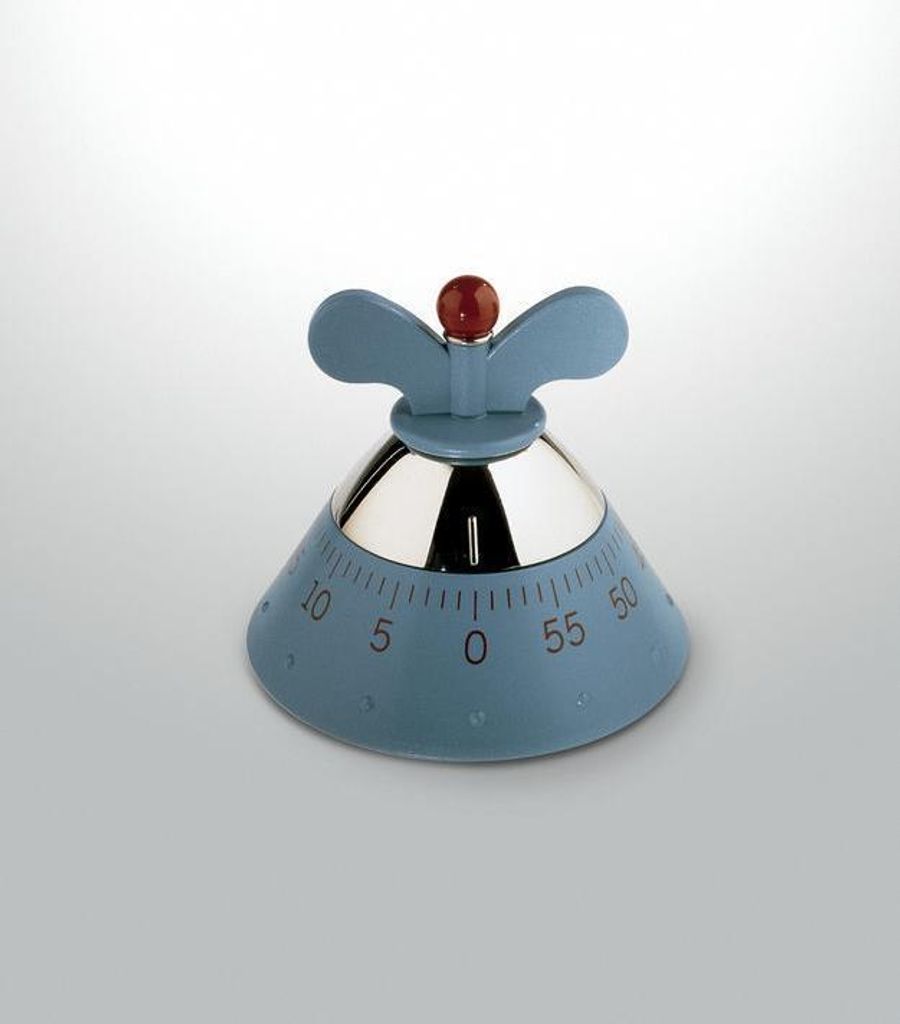 A blue kitchen timer with silver accents and a red knob on a light gray background.