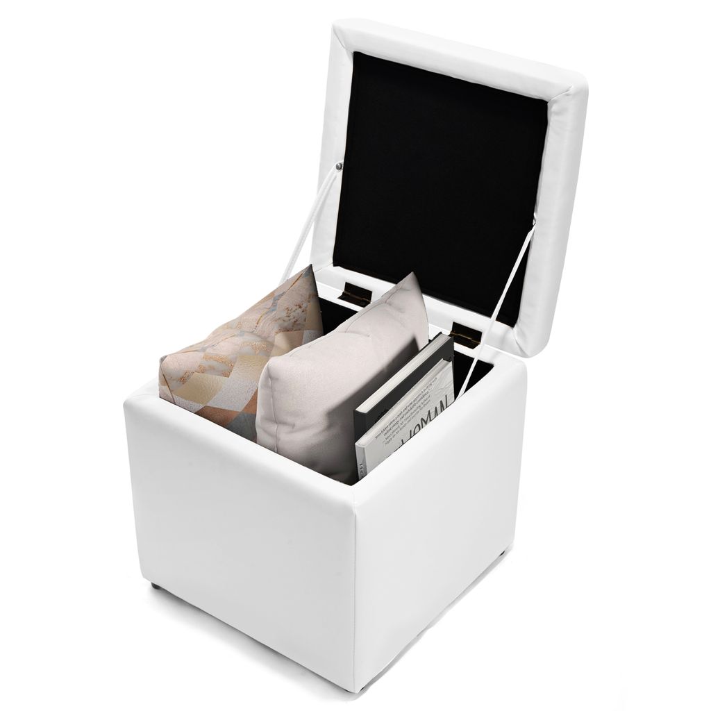 An open white storage ottoman with pillows and books inside, shown against a white background.
