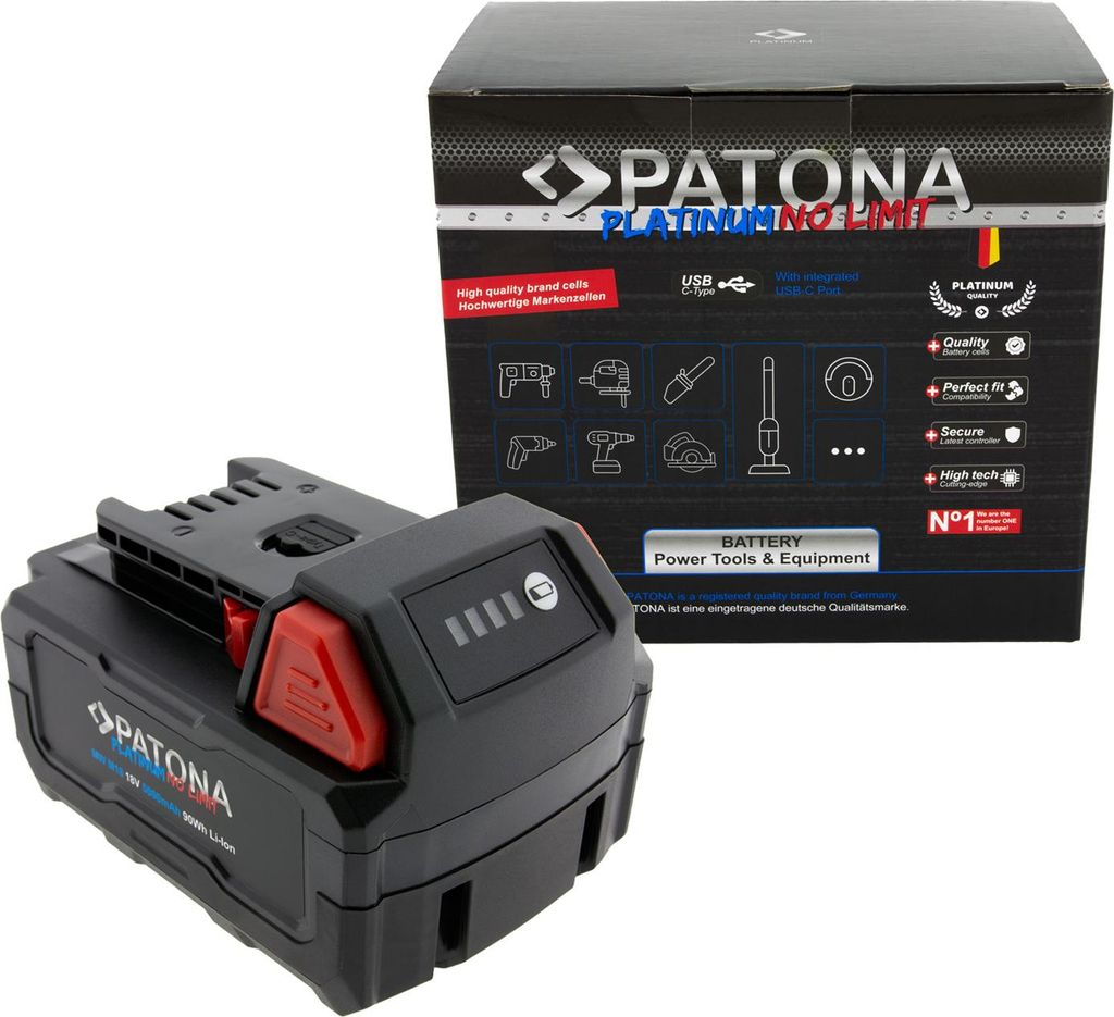PATONA Platinum 18V Battery for Milwaukee M18 with USB-C port PD45W Black