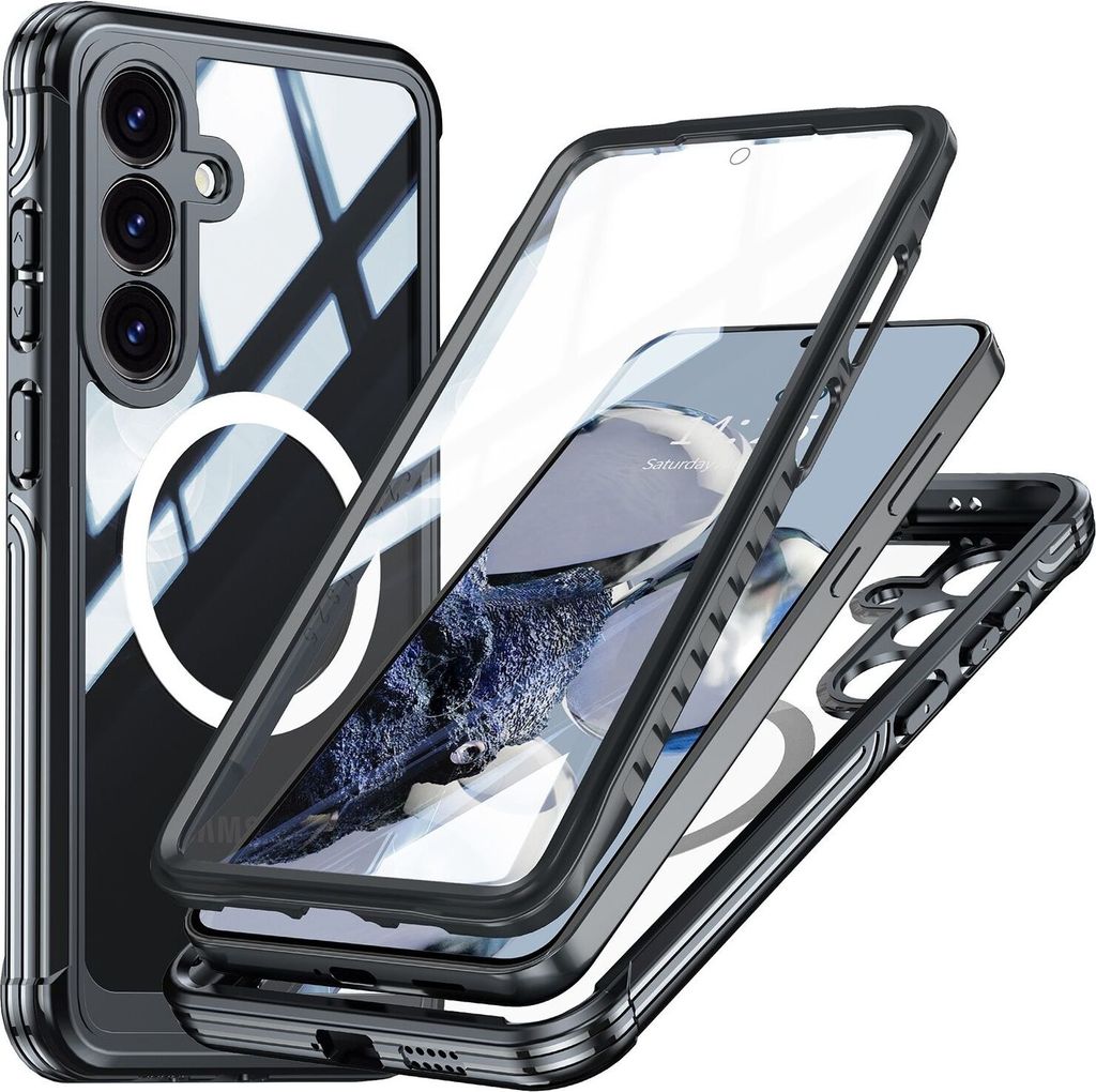 A disassembled phone case with a phone inside, showing its protective features.