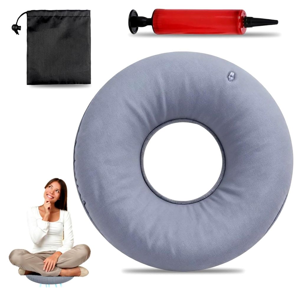 Sitzkissen für Hämorrhoiden, Aufblasbares Sitzring mit Pumpe und Aufbewahrungstasche für Steißbeinschmerzen (Grau)