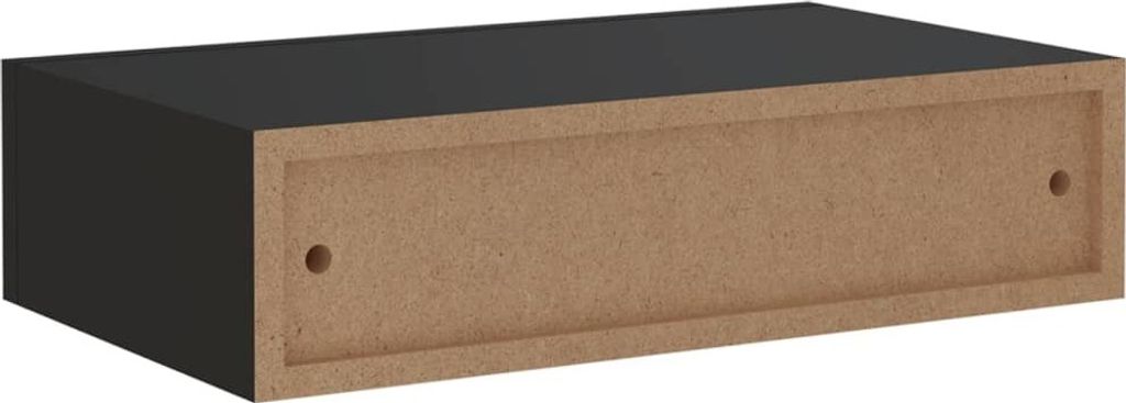 A black floating shelf with a visible drawer front made of MDF.