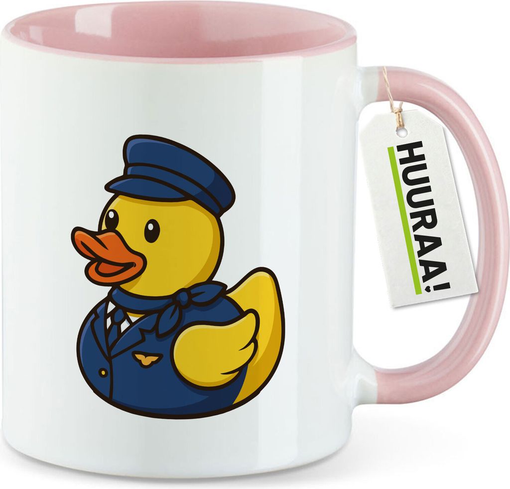 Huuraa Kaffeetasse Quietscheente Stewardess Gummiente Flugbegleiterin 330ml Rosa Keramik Kaffeebecher Geschenkidee