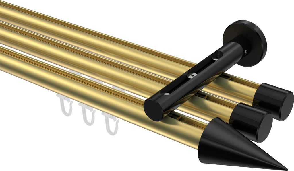 Interdeco Innenlaufstange / Gardinenstange mit Innenlauf Messing-Optik / Schwarz, Typ Siteno Savio (Kegel), 20 mm Ø 3-läufig, 100 cm