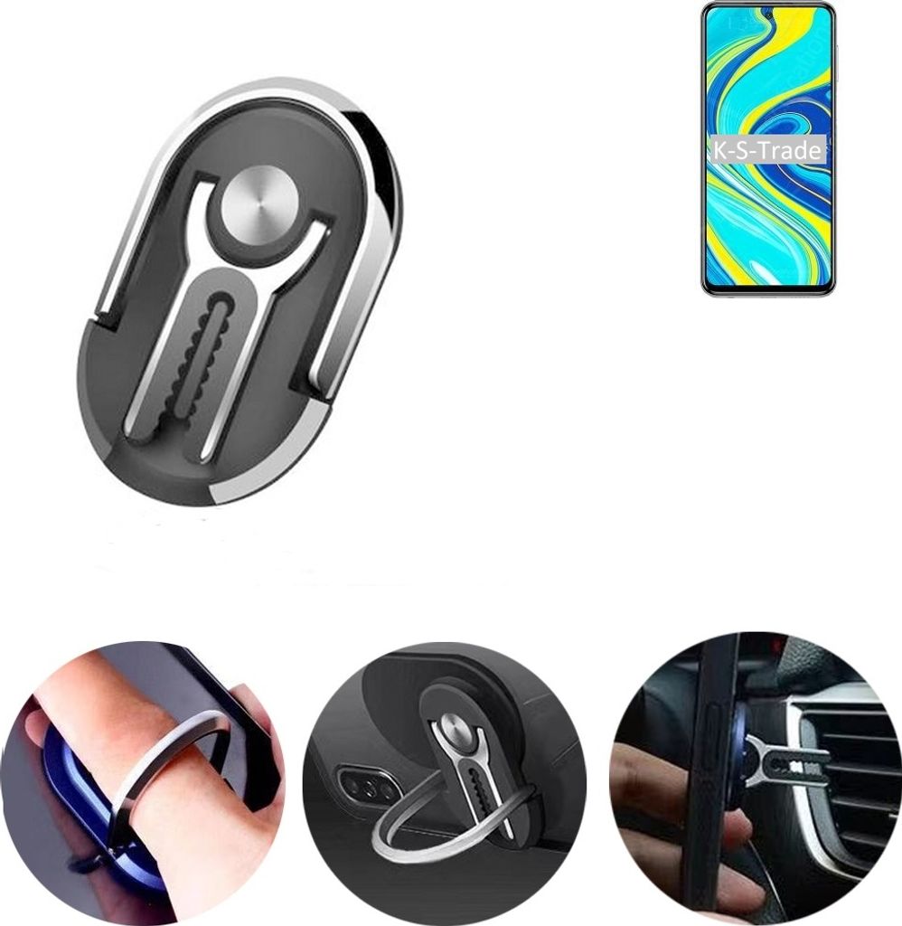 K-S-Trade 3in1 Smartphone-Ring Handy-Ring kompatibel mit Xiaomi Redmi Note 9 Pro Fingerhalterung Handyring Tischständer Lüftungsgitter-Halterung