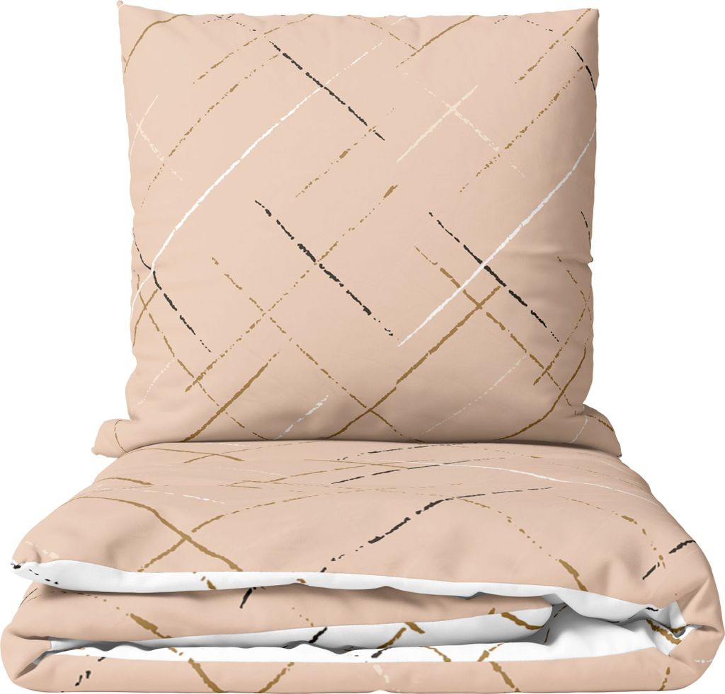 A folded duvet and pillow set with a beige background and a geometric line pattern.