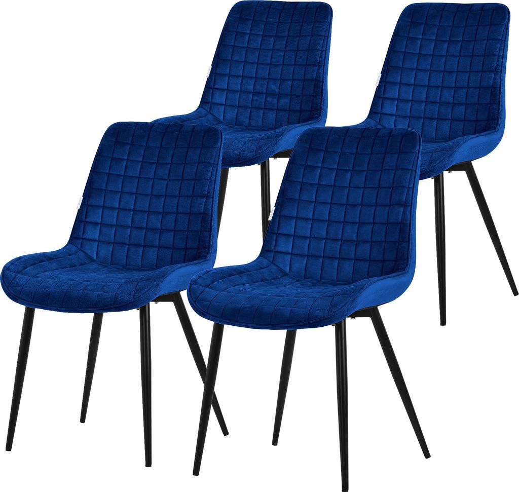 Four dark blue velvet chairs with black metal legs are arranged in a staggered formation against a white background.