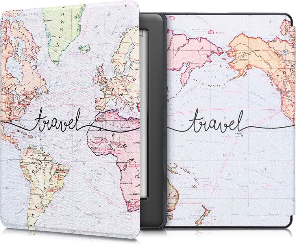 kwmobile Schutzhülle für Kobo Glo HD / Touch 2.0 Hülle - eReader Flip Case mit Auto Sleep Funktion - Travel Schriftzug mit Schwarz Mehrfarbig