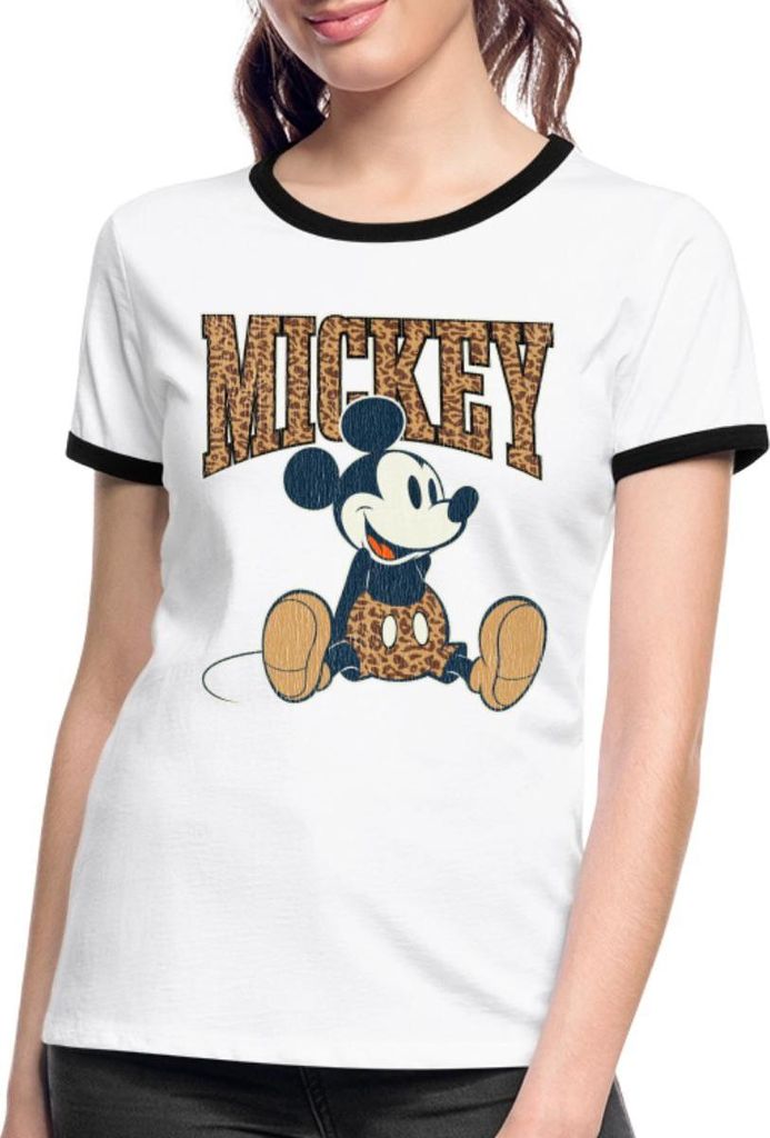 Mickey & Minnie Mickey Mouse Leo Look Frauen Kontrast T-Shirt, XL, Weiß/Schwarz
