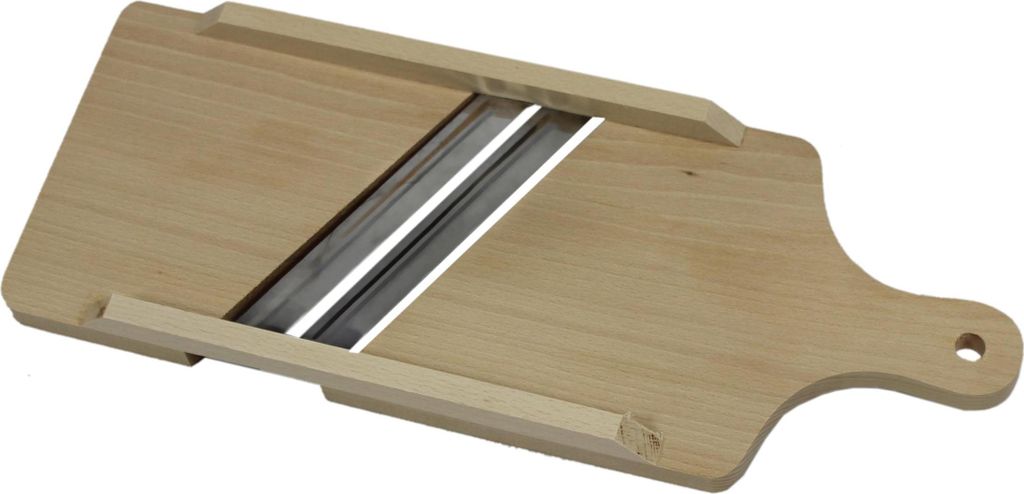 A wooden vegetable slicer with a metal blade.